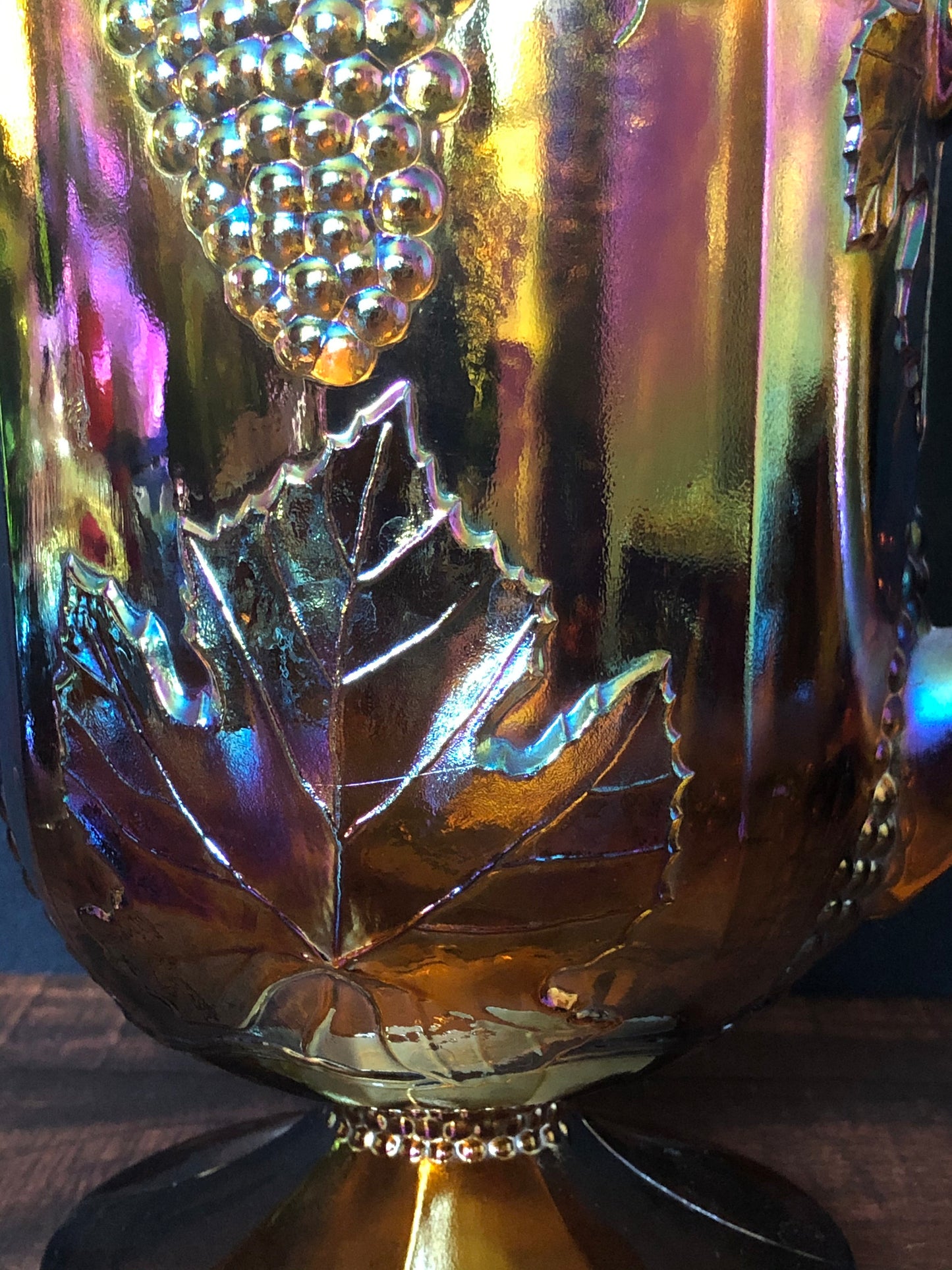 1970s Vintage Indiana Carnival Glass Pitcher, Iridescent Amber Harvest Grape Water Pitcher, Vintage 64 oz Lipped Water Pitcher