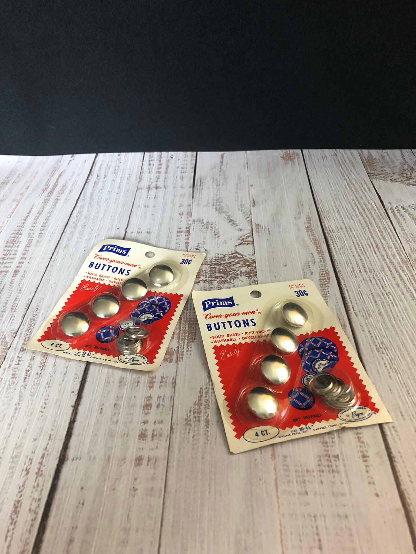 Prims "Cover-your-own" Buttons, Size 30 Buttons, Half Ball Solid Brass, Set of Two Unopened Packs of Four