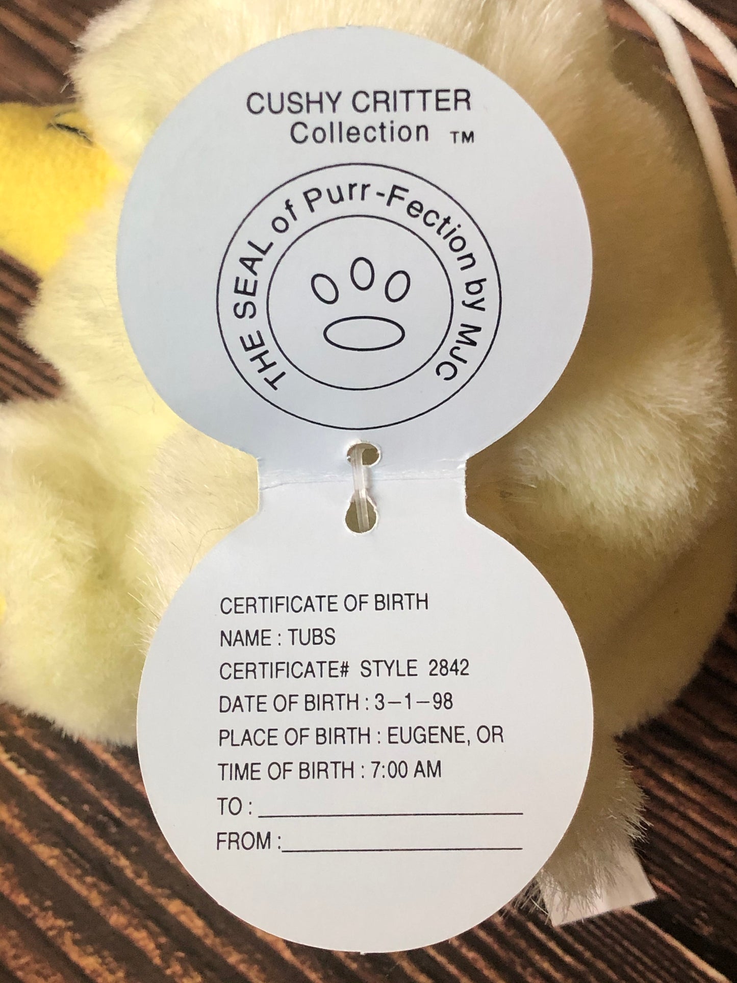 1998 Purr-fection Cushy Critter by MJC. A Baby Duck Named "Tubs" Style #2842