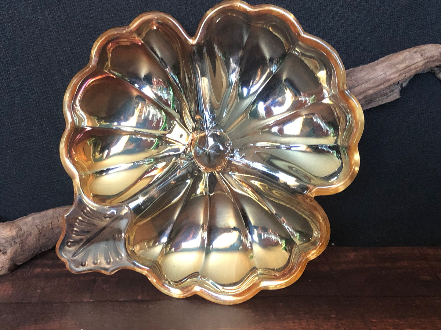 Vintage 1930s Jeannette Marigold Carnival Glass 3 leaf Clover Dish, Divided Serving Dish, Relish Dish, A Hors D'Deuvre Tray