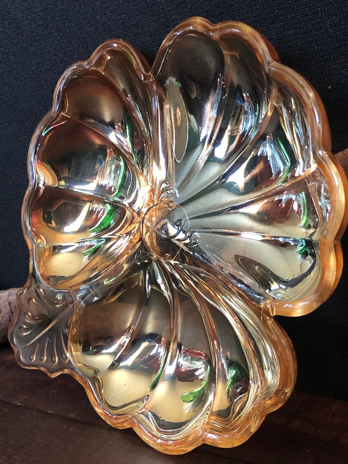 Vintage 1930s Jeannette Marigold Carnival Glass 3 leaf Clover Dish, Divided Serving Dish, Relish Dish, A Hors D'Deuvre Tray
