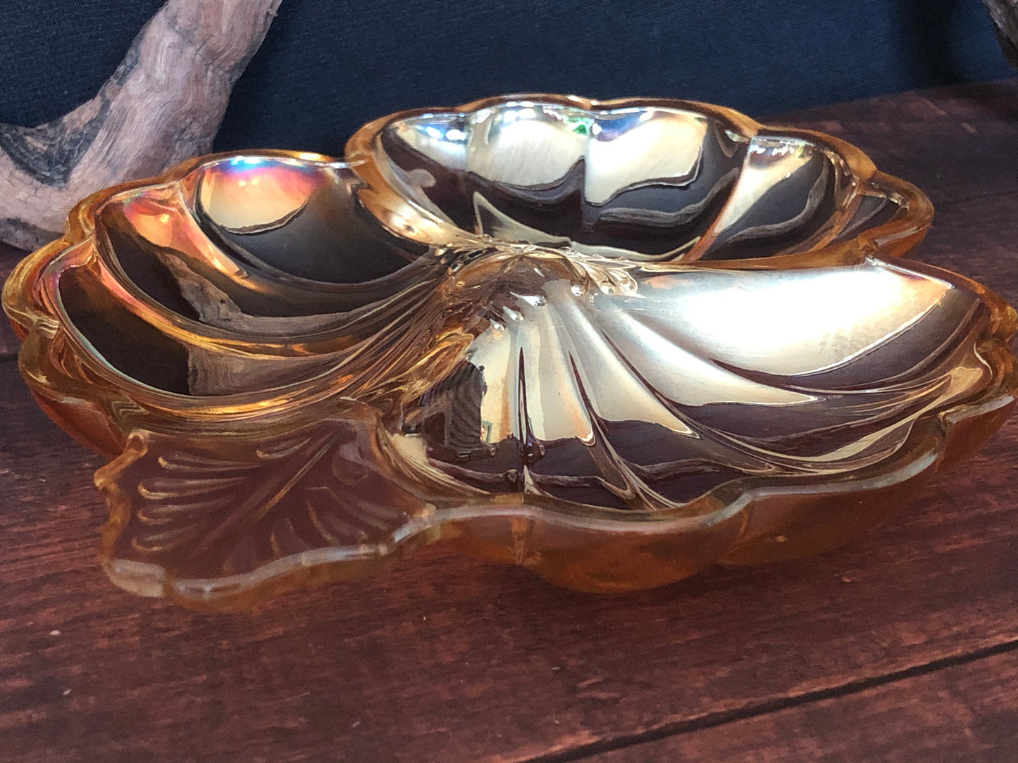 Vintage 1930s Jeannette Marigold Carnival Glass 3 leaf Clover Dish, Divided Serving Dish, Relish Dish, A Hors D'Deuvre Tray