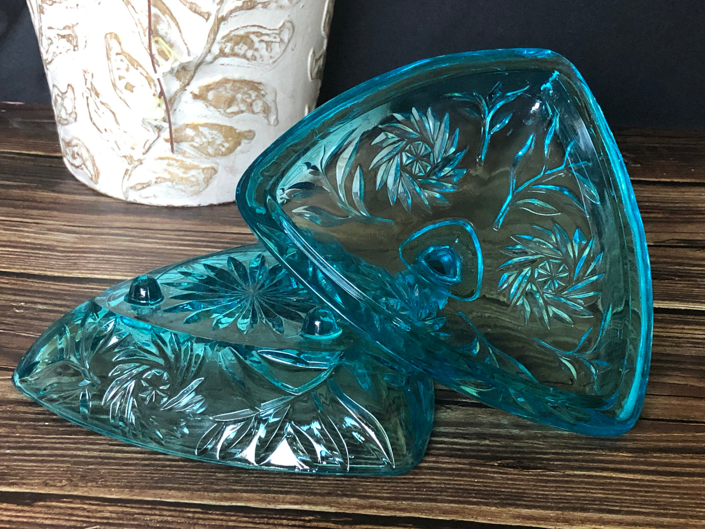 Hazel Atlas 1950s Turquoise Candy Dish Pinwheel Vine Pattern Glass Lidded Triangular Dish