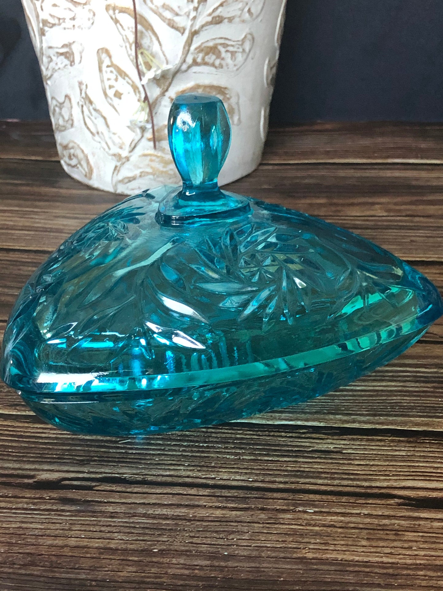Hazel Atlas 1950s Turquoise Candy Dish Pinwheel Vine Pattern Glass Lidded Triangular Dish