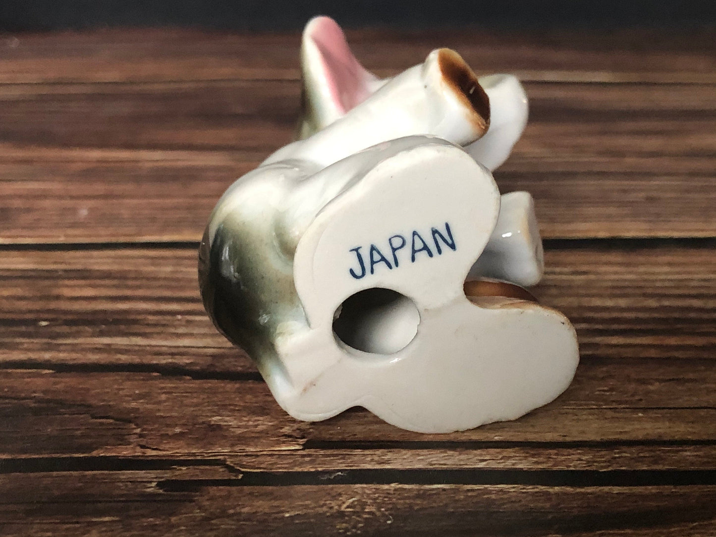 High Gloss Porcelain Elephant Sitting Trunk Up with Pink Ears Made in Japan
