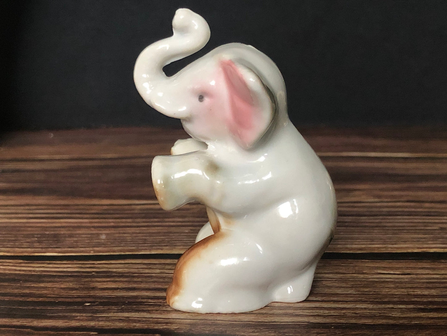 High Gloss Porcelain Elephant Sitting Trunk Up with Pink Ears Made in Japan