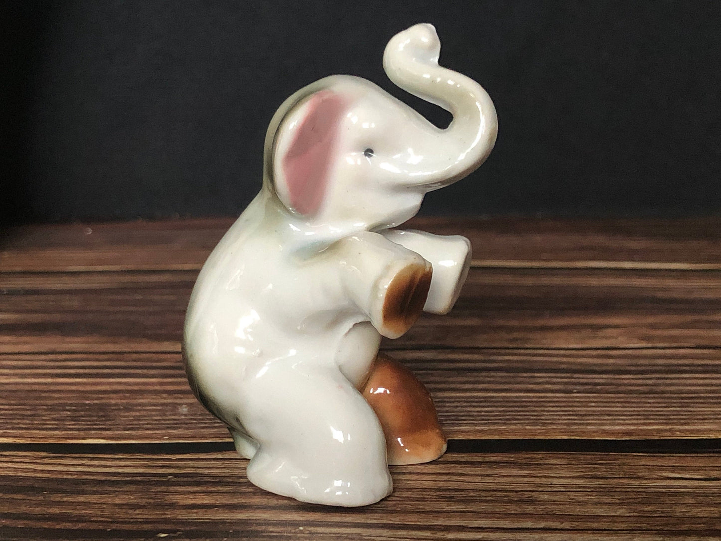 High Gloss Porcelain Elephant Sitting Trunk Up with Pink Ears Made in Japan