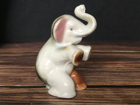 High Gloss Porcelain Elephant Sitting Trunk Up with Pink Ears Made in Japan