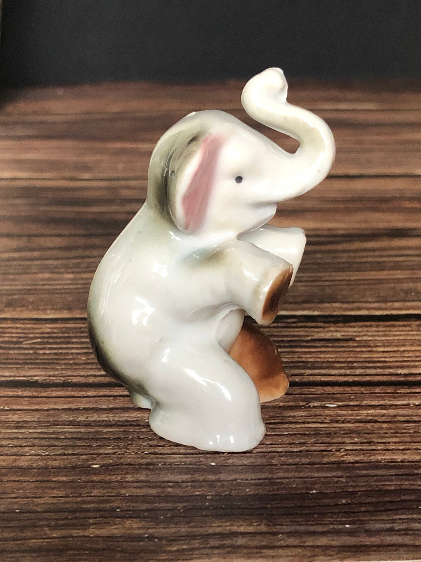 High Gloss Porcelain Elephant Sitting Trunk Up with Pink Ears Made in Japan