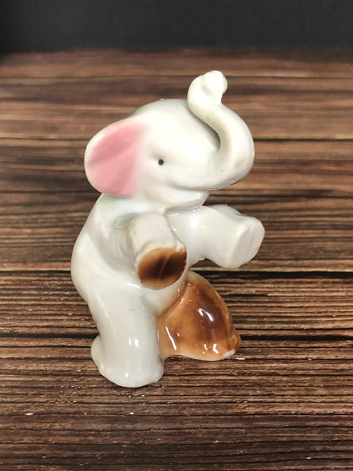 High Gloss Porcelain Elephant Sitting Trunk Up with Pink Ears Made in Japan