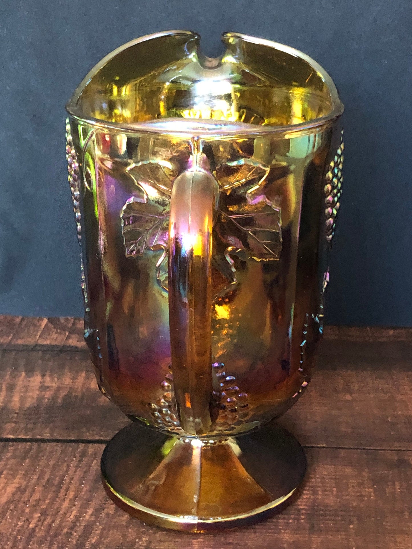 1970s Vintage Indiana Carnival Glass Pitcher, Iridescent Amber Harvest Grape Water Pitcher, Vintage 64 oz Lipped Water Pitcher