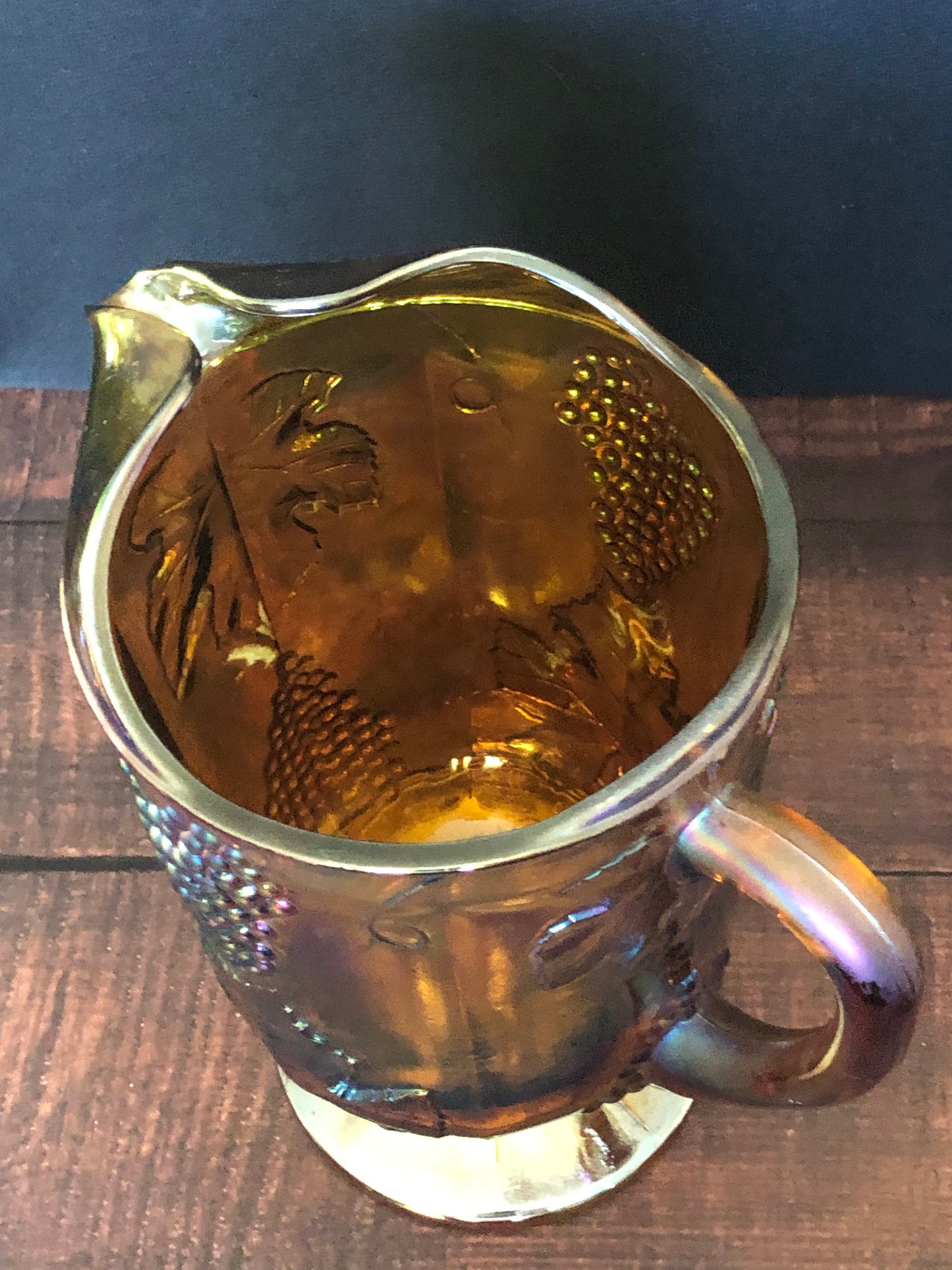 1970s Vintage Indiana Carnival Glass Pitcher, Iridescent Amber Harvest Grape Water Pitcher, Vintage 64 oz Lipped Water Pitcher