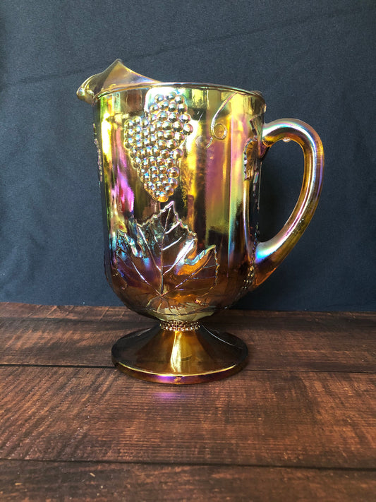 1970s Vintage Indiana Carnival Glass Pitcher, Iridescent Amber Harvest Grape Water Pitcher, Vintage 64 oz Lipped Water Pitcher