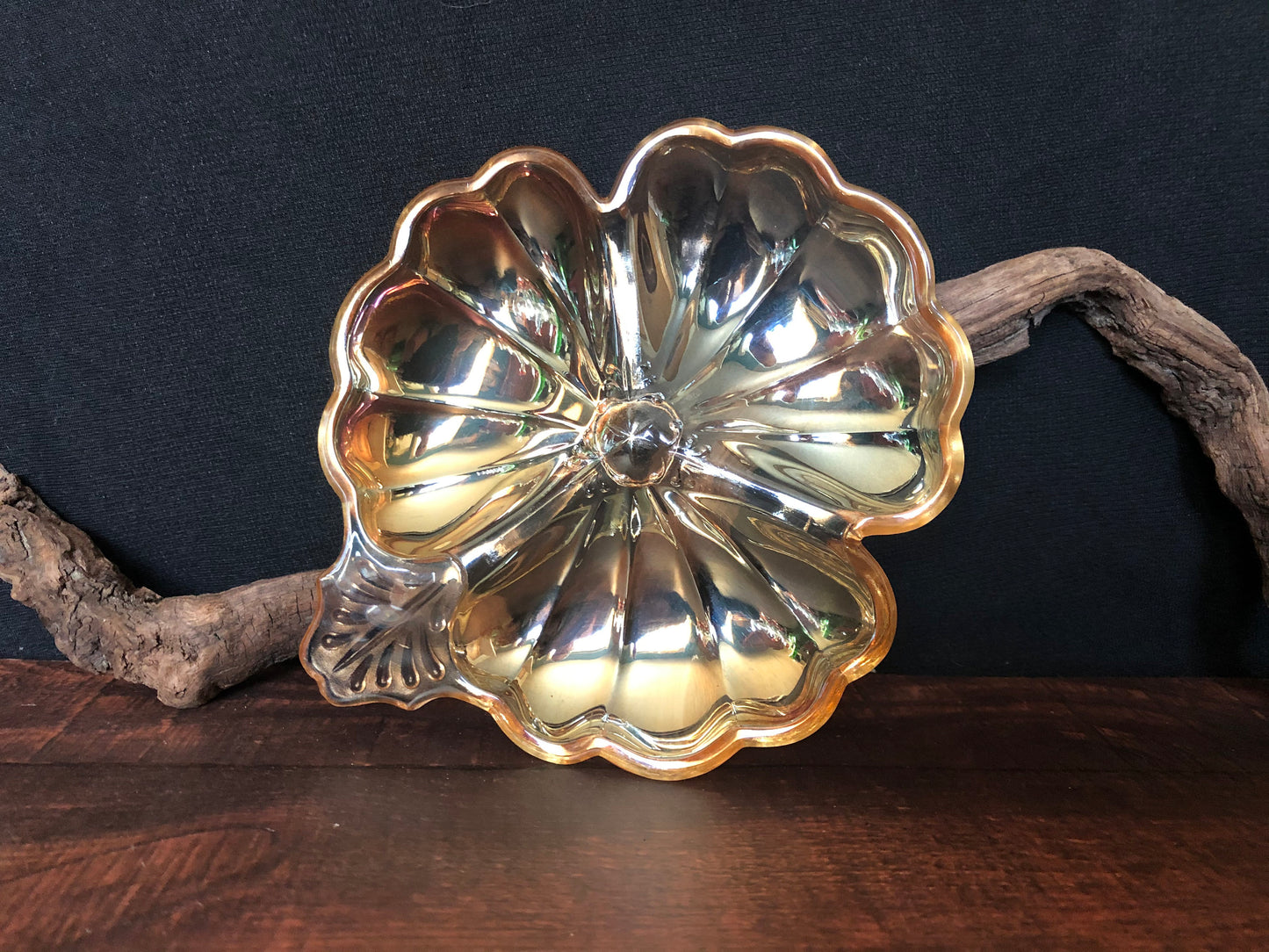 Vintage 1930s Jeannette Marigold Carnival Glass 3 leaf Clover Dish, Divided Serving Dish, Relish Dish, A Hors D'Deuvre Tray