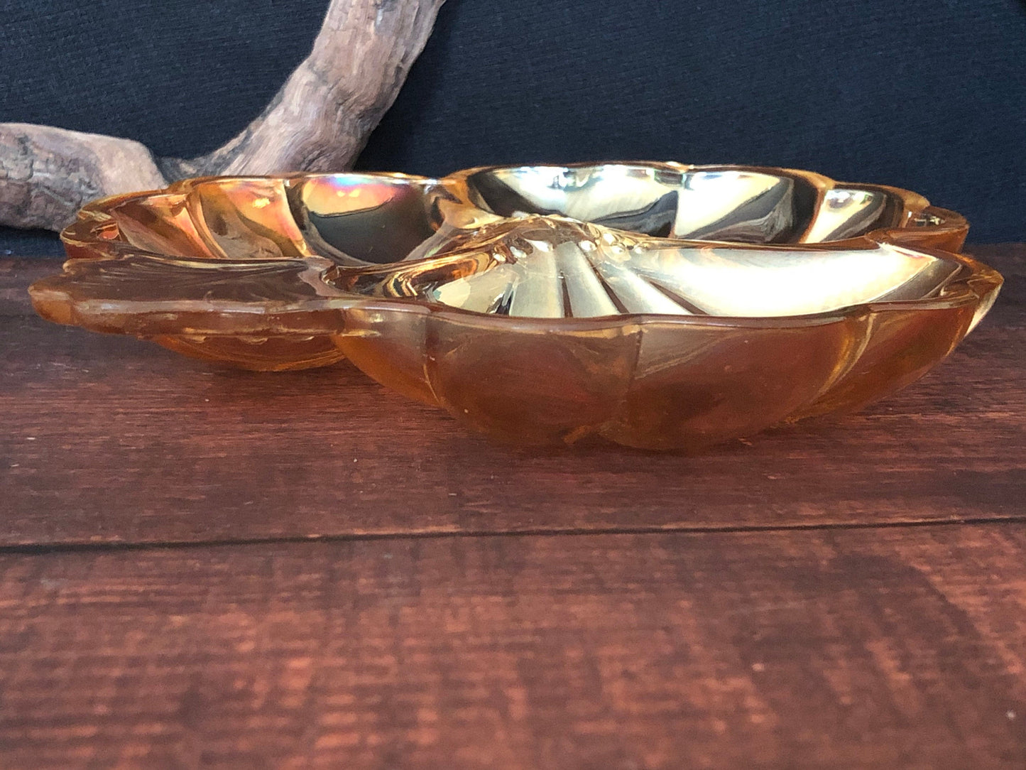 Vintage 1930s Jeannette Marigold Carnival Glass 3 leaf Clover Dish, Divided Serving Dish, Relish Dish, A Hors D'Deuvre Tray