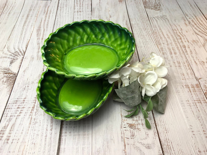 Vintage Inarco Japanese Majolica Oval Candy Dishes, Green Basket Weave Pattern, Stamped Inarco E2614, Set of Two, Inarco Floral Dish