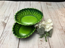 Load image into Gallery viewer, Vintage Inarco Japanese Majolica Oval Candy Dishes, Green Basket Weave Pattern, Stamped Inarco E2614, Set of Two, Inarco Floral Dish
