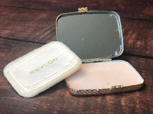 Load image into Gallery viewer, Vintage Collectible Revlon Petite Refillable Gold Tone Metal Diamond Design Mirrored Love Pat Makeup Powder
