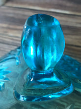 Load image into Gallery viewer, Hazel Atlas 1950s Turquoise Candy Dish Pinwheel Vine Pattern Glass Lidded Triangular Dish
