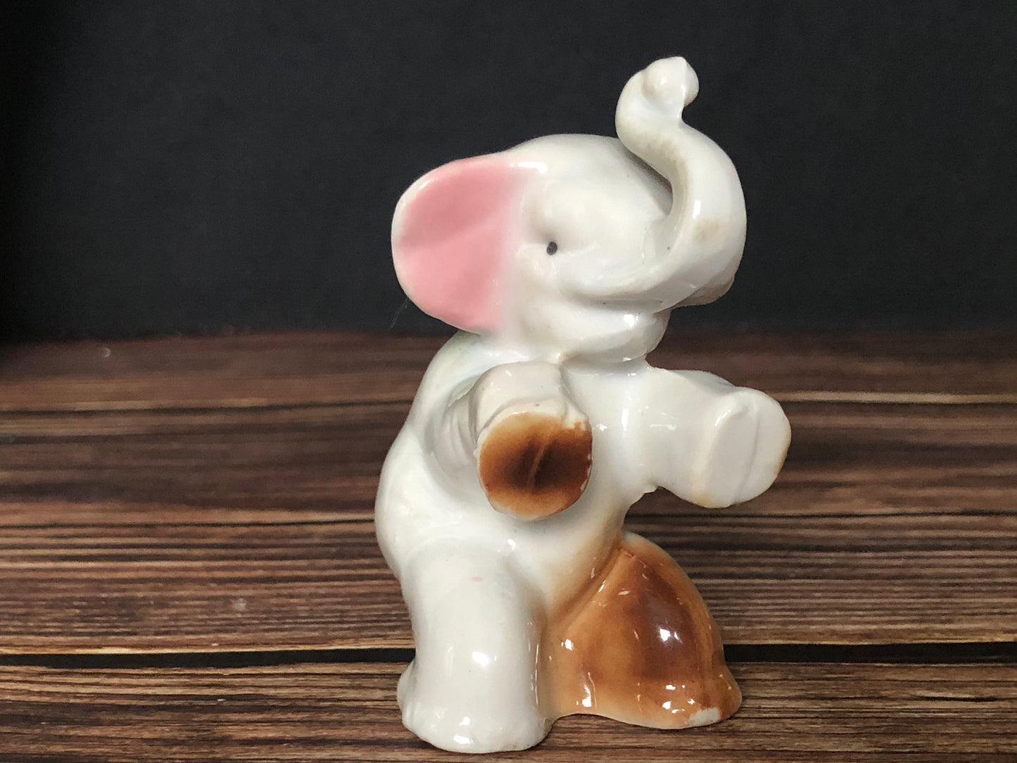 High Gloss Porcelain Elephant Sitting Trunk Up with Pink Ears Made in Japan