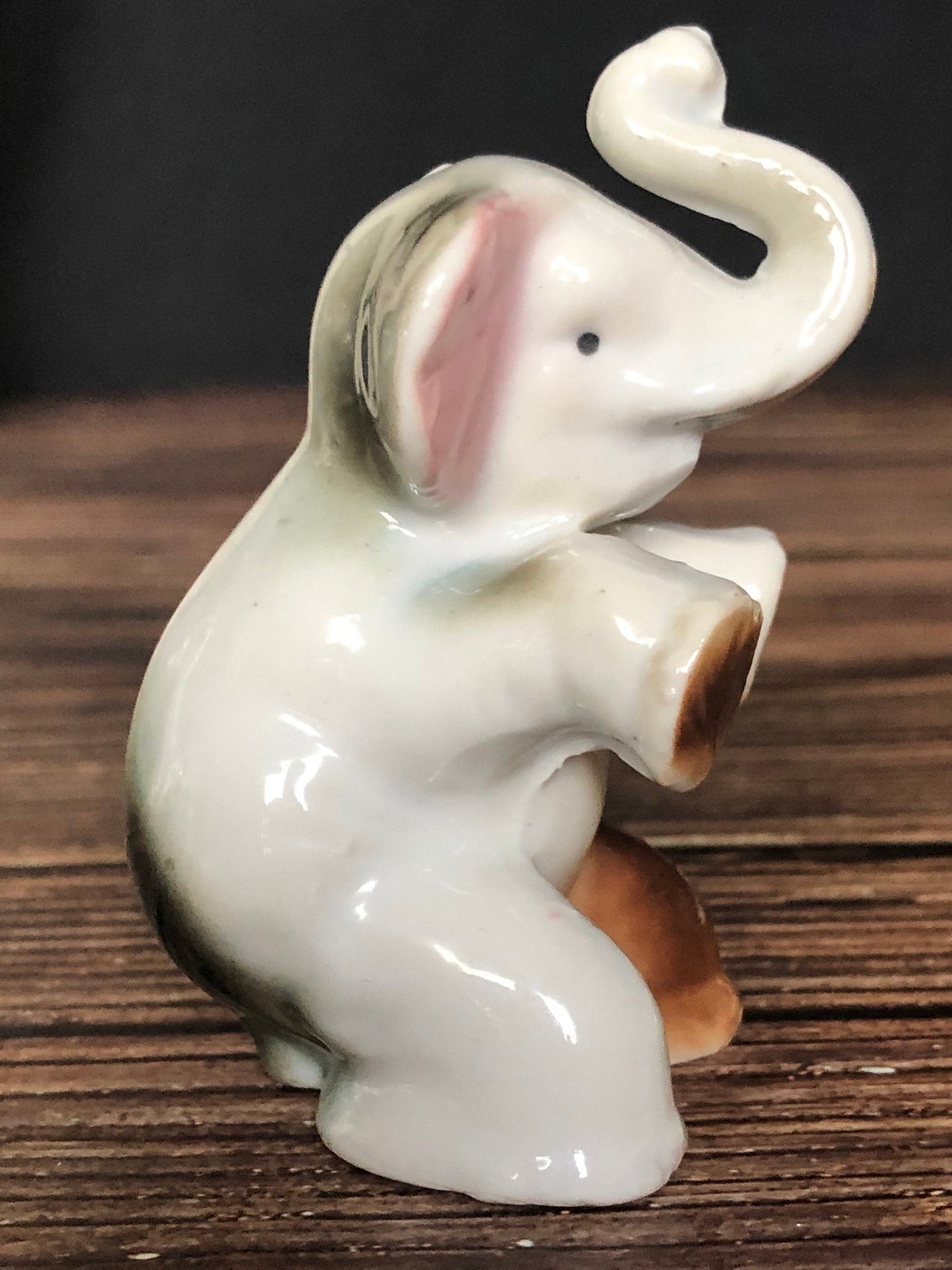 High Gloss Porcelain Elephant Sitting Trunk Up with Pink Ears Made in Japan