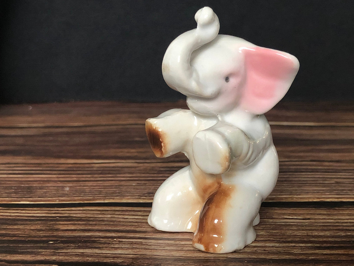 High Gloss Porcelain Elephant Sitting Trunk Up with Pink Ears Made in Japan