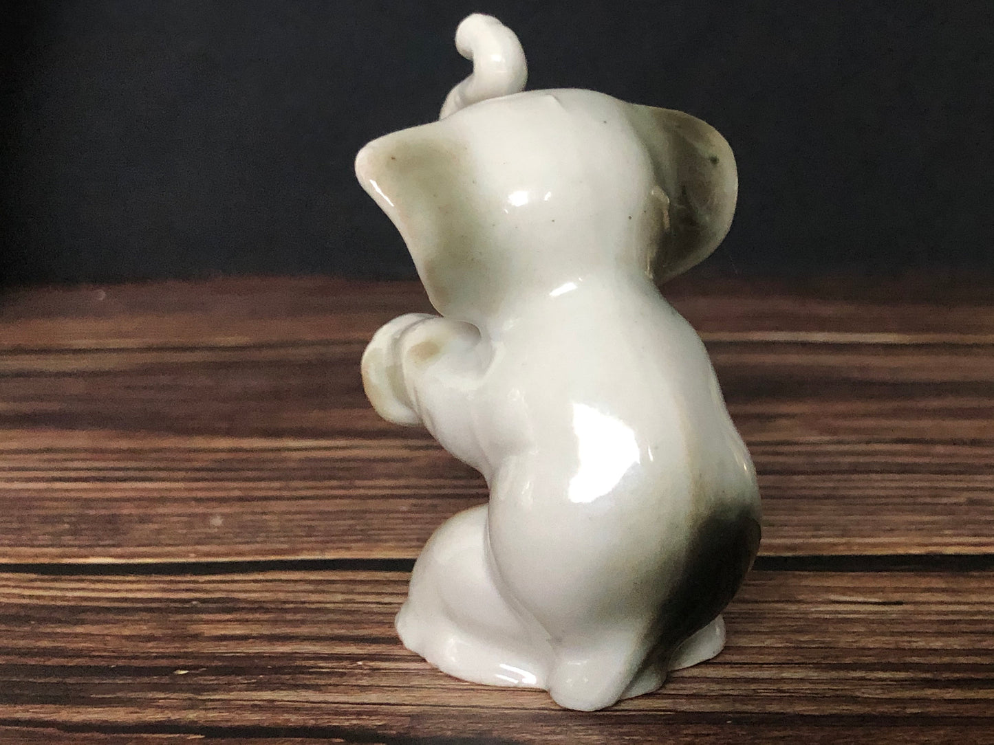 High Gloss Porcelain Elephant Sitting Trunk Up with Pink Ears Made in Japan