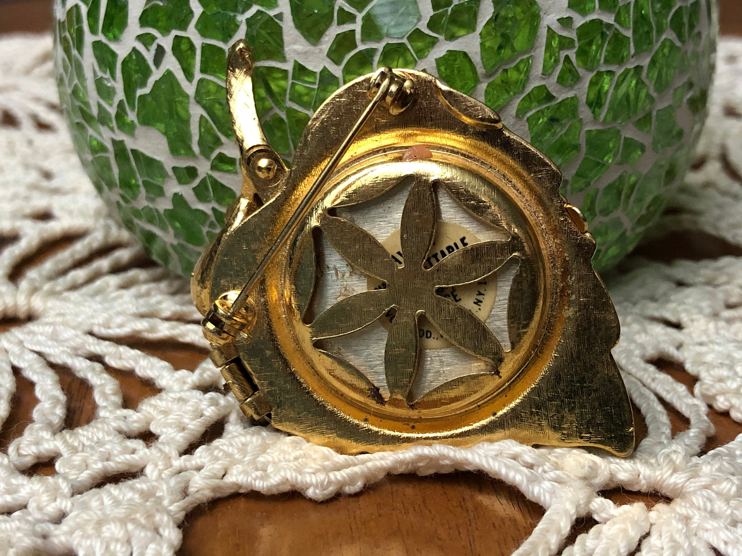 Vintage Avon Perfumer Brocade Gold Tone Leaf with Faux Pearl Stash Pin, Avon Brooch, Brocade Gold Tone Leaf with Faux Pearl Locket Brooch