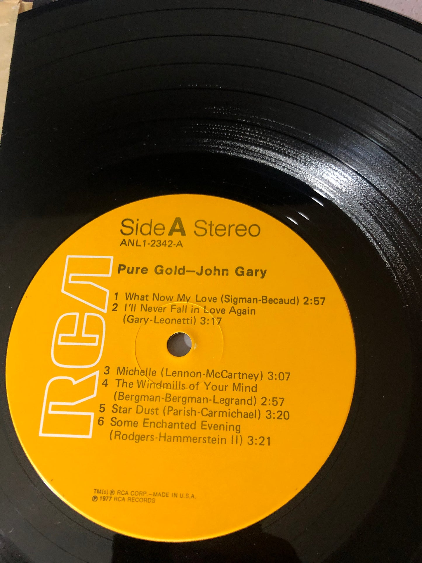 1977 RCA John Gary Pure Gold Record Album Vinyl