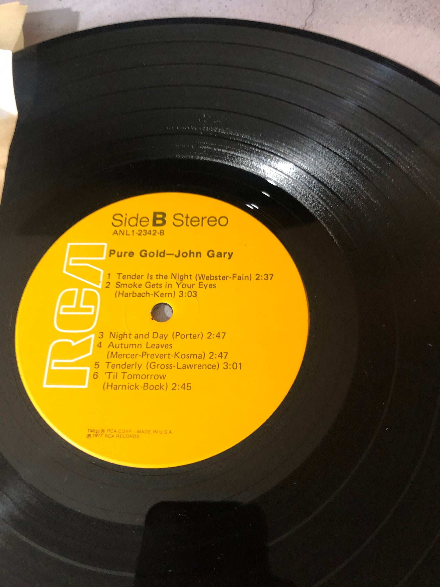 1977 RCA John Gary Pure Gold Record Album Vinyl