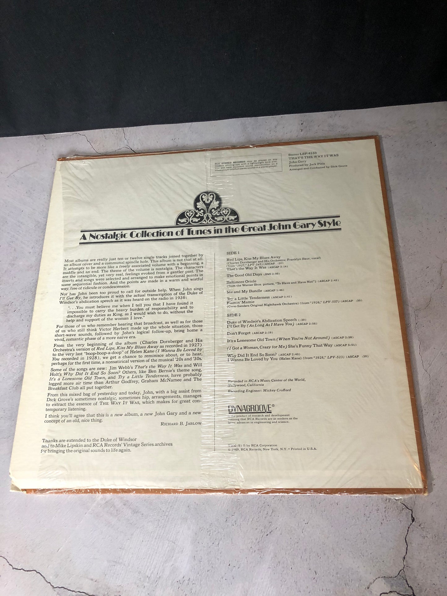 1969 RCA Victor Dynagroove Recordings John Gary That's The Way It Was LP Record Album Vinyl