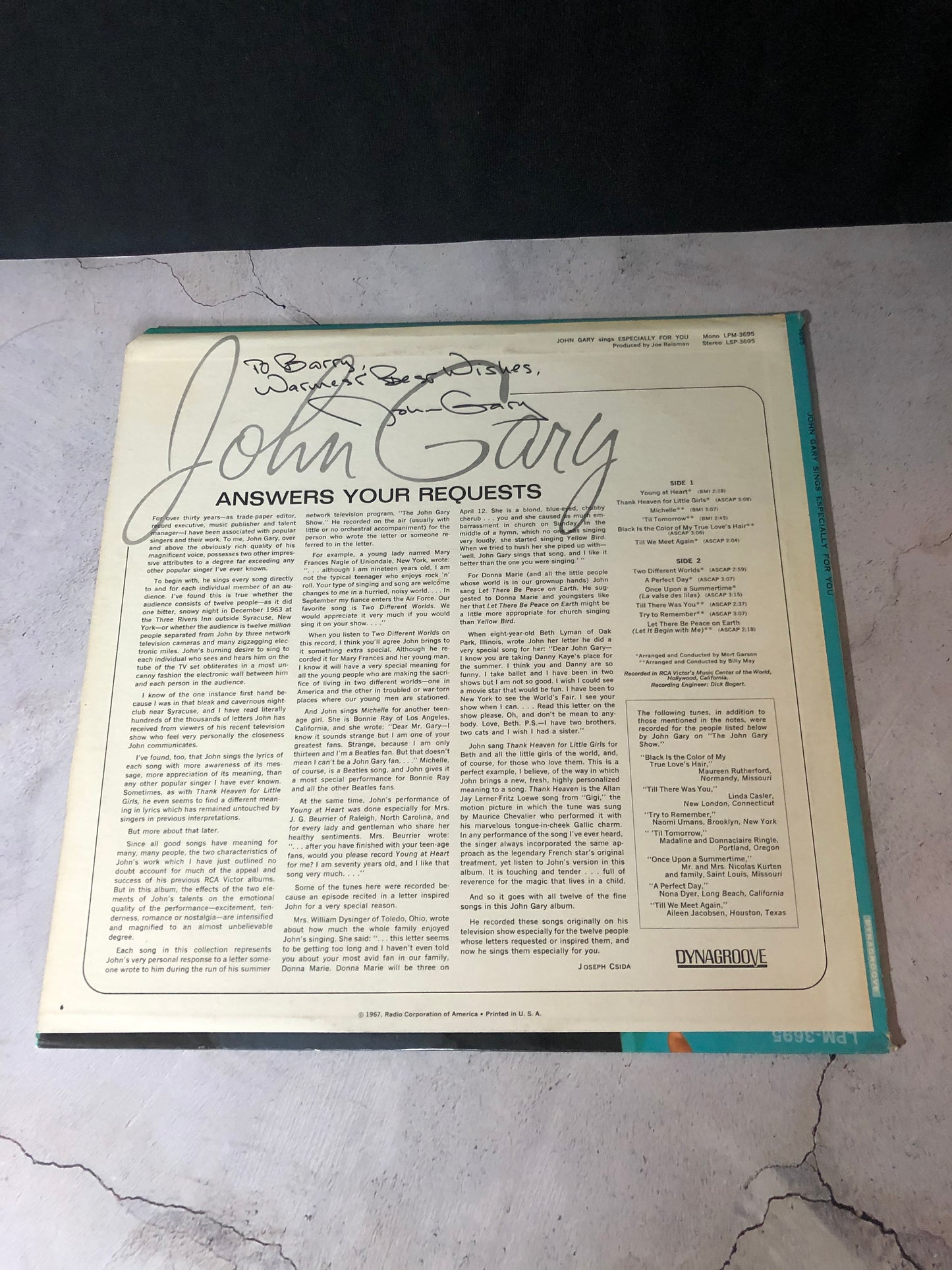 1967 RCA Victor Dynagroove Recording John Gary Especially For You Record Album Vinyl SIGNED
