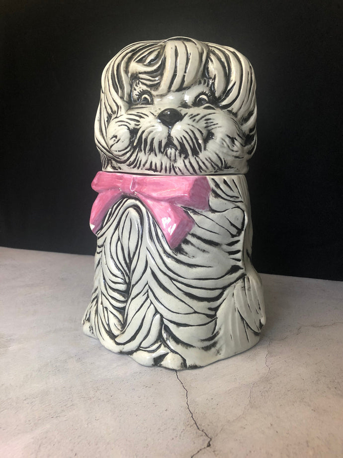 Vintage Googly Eye Shaggy Dog with Pink Bow Cookie Jar Chipped Marked 702 USA