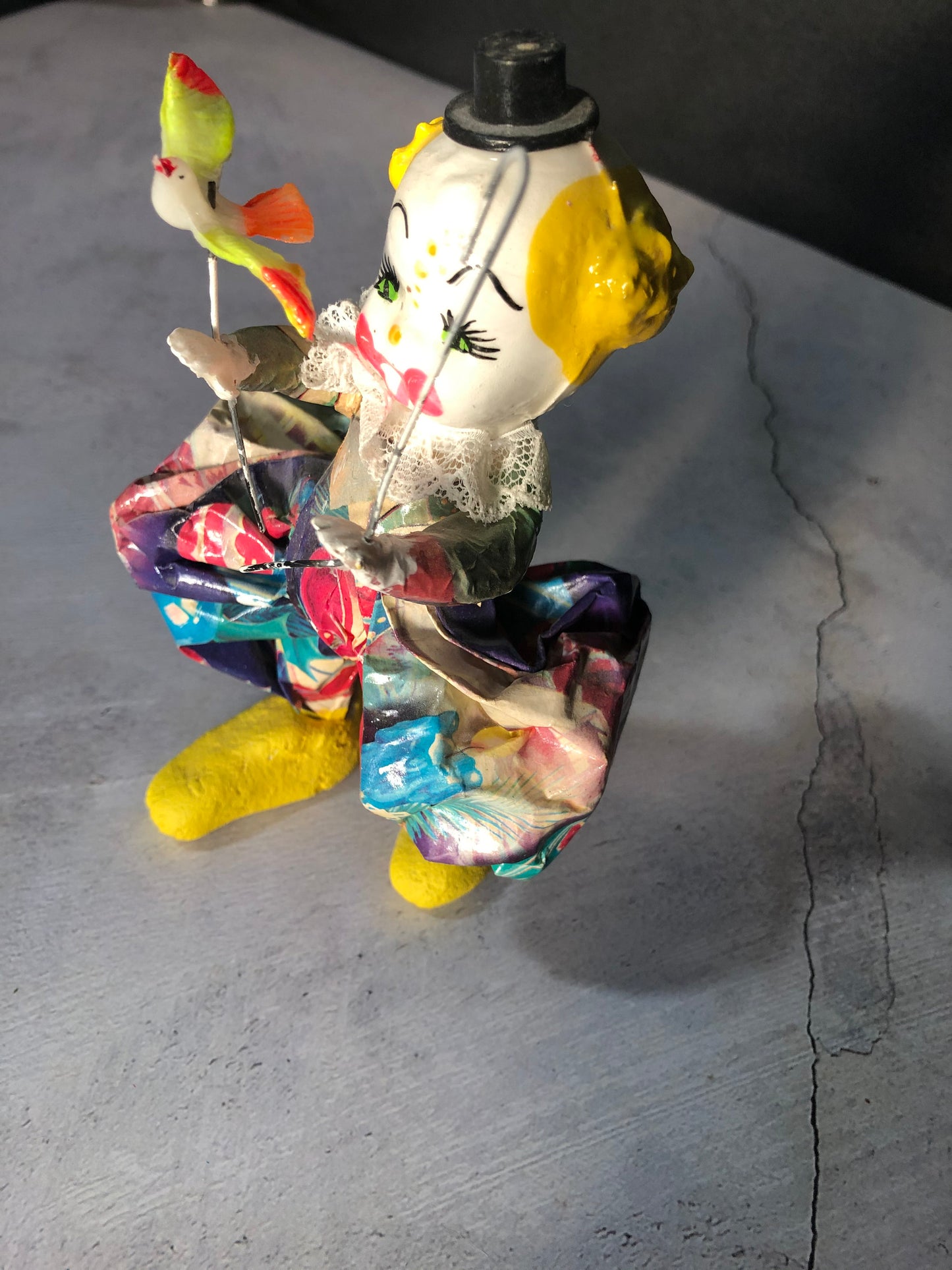 Vintage Hecho En Mexico Rare Paper Mache Clown Figurine with Birds