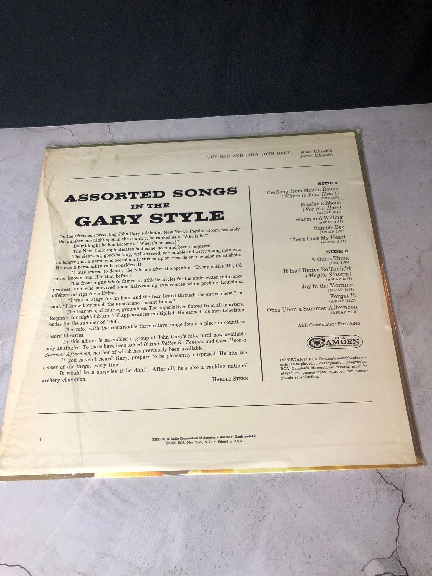 1966 RCA Camden John Gary The One And Only Vinyl Record Album Vinyl