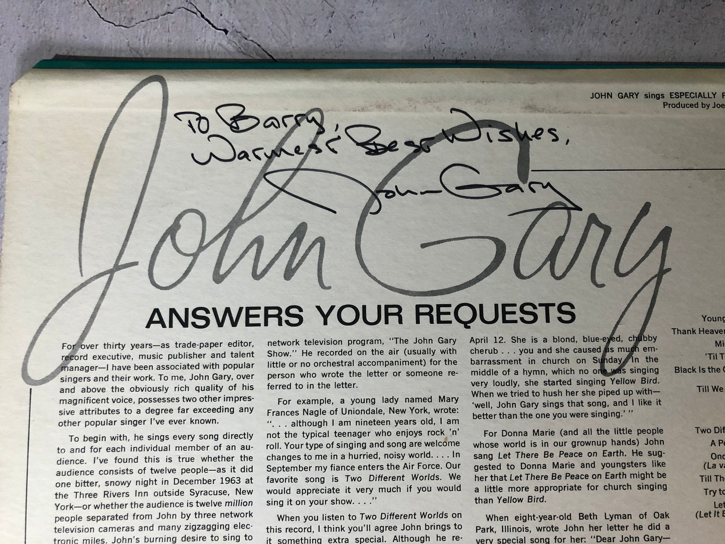 1967 RCA Victor Dynagroove Recording John Gary Especially For You Record Album Vinyl SIGNED