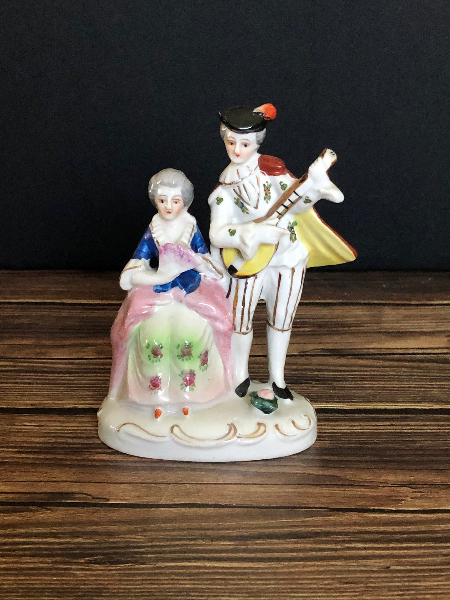 Vintage Occupied Japan Colonial Couple Playing Music Figurine, Porcelain Colonial Couple
