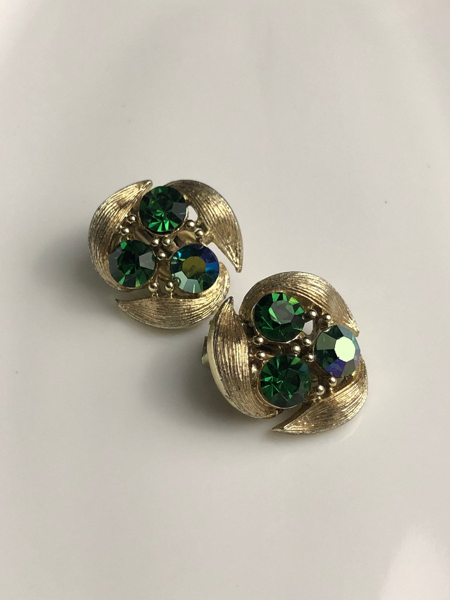 Signed Lisner Clip on Earrings Brushed Gold Three Emerald Green Rhinestone, Vintage Jewelry, May Birthstone Earrings, May Birthday Earrings