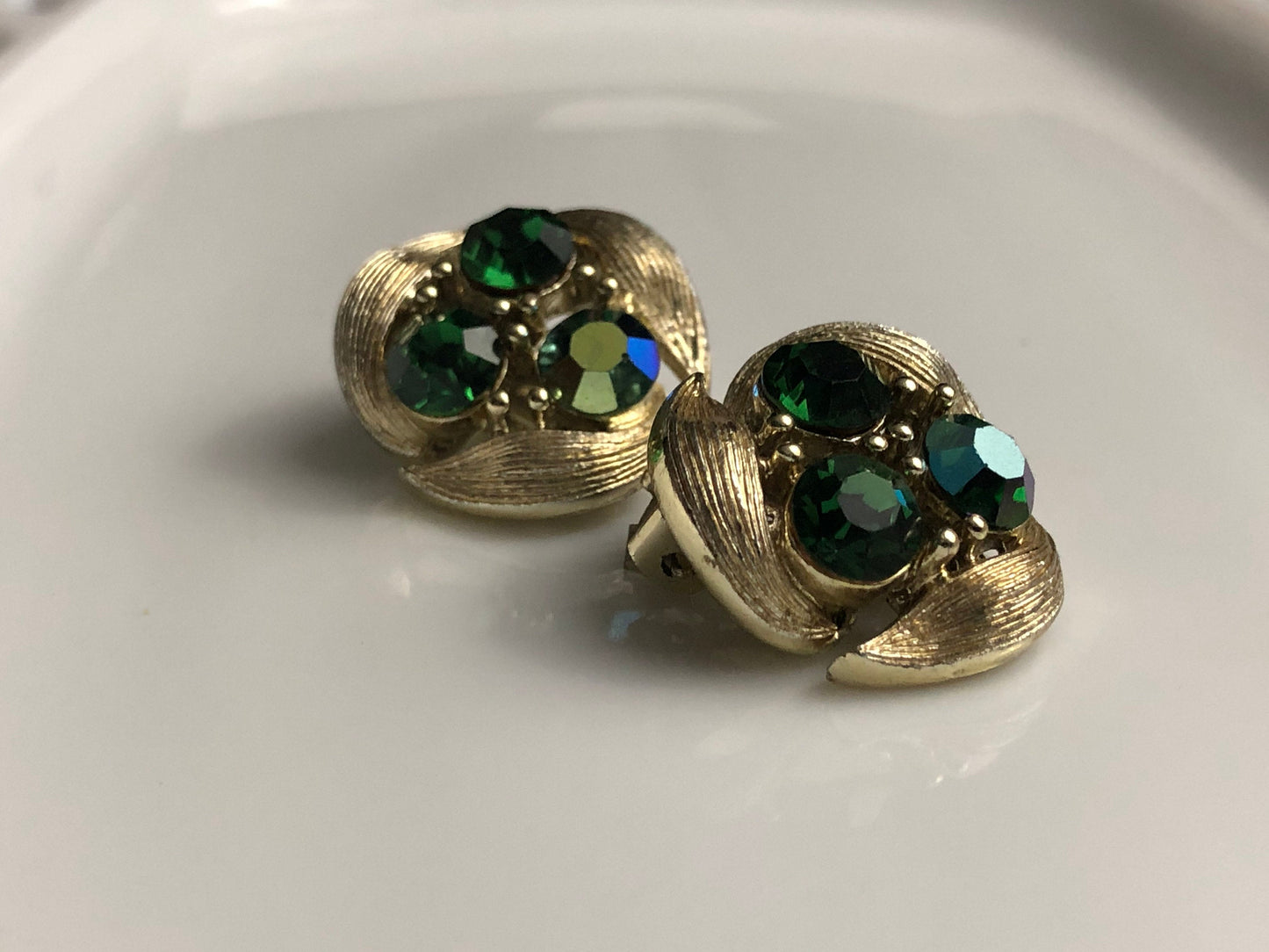 Signed Lisner Clip on Earrings Brushed Gold Three Emerald Green Rhinestone, Vintage Jewelry, May Birthstone Earrings, May Birthday Earrings