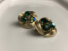 Load image into Gallery viewer, Signed Lisner Clip on Earrings Brushed Gold Three Emerald Green Rhinestone, Vintage Jewelry, May Birthstone Earrings, May Birthday Earrings
