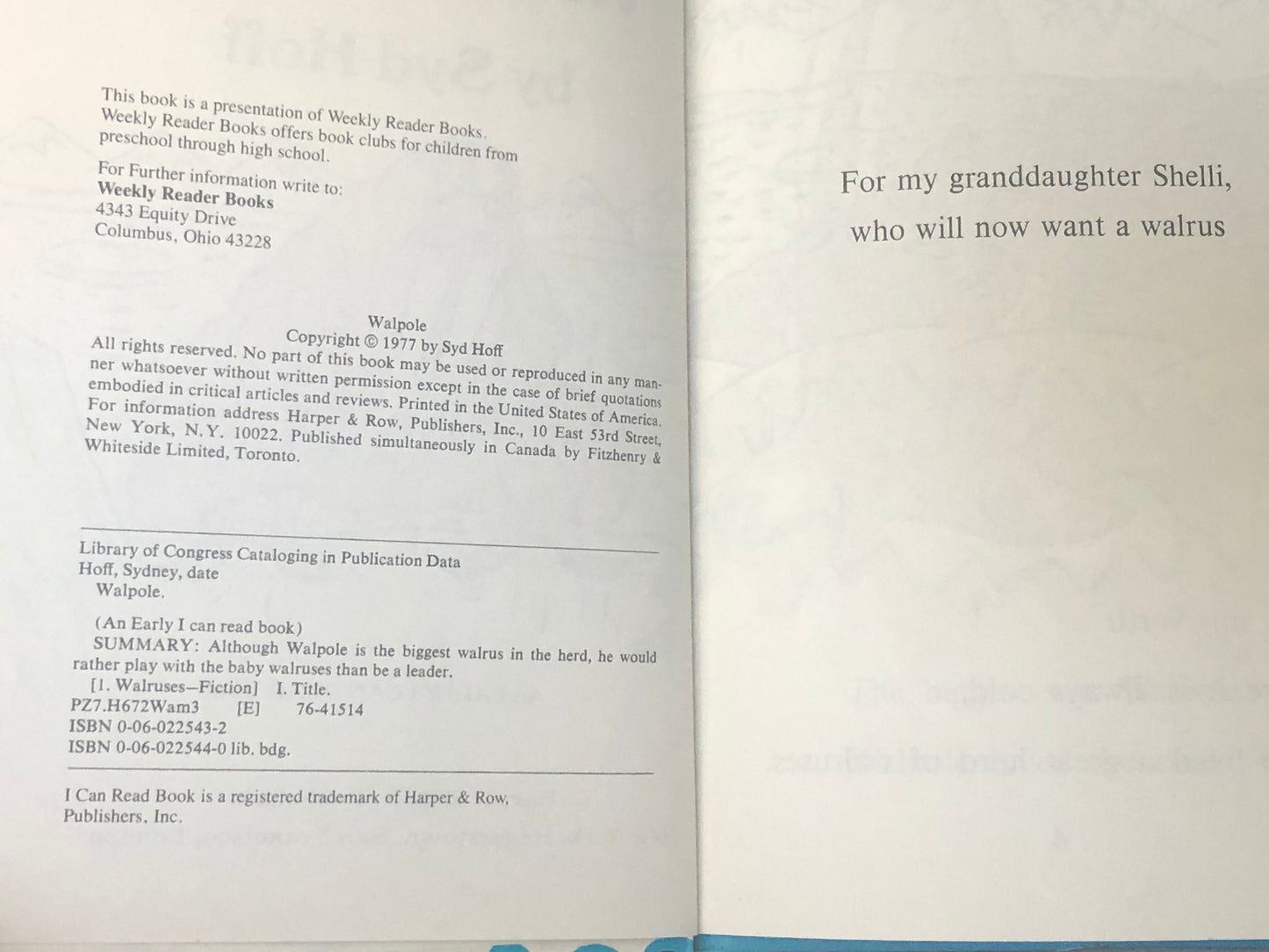 1977 Walpole By Syd Hoff, An Early I Can Read Book, First Printing, Walrus Book