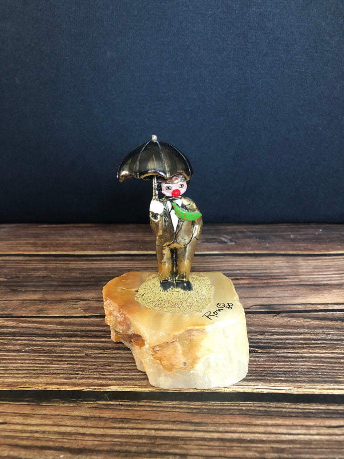 1980 Ron Lee Signed 24k Gold Plated Executive Clown With Umbrella on Quartz