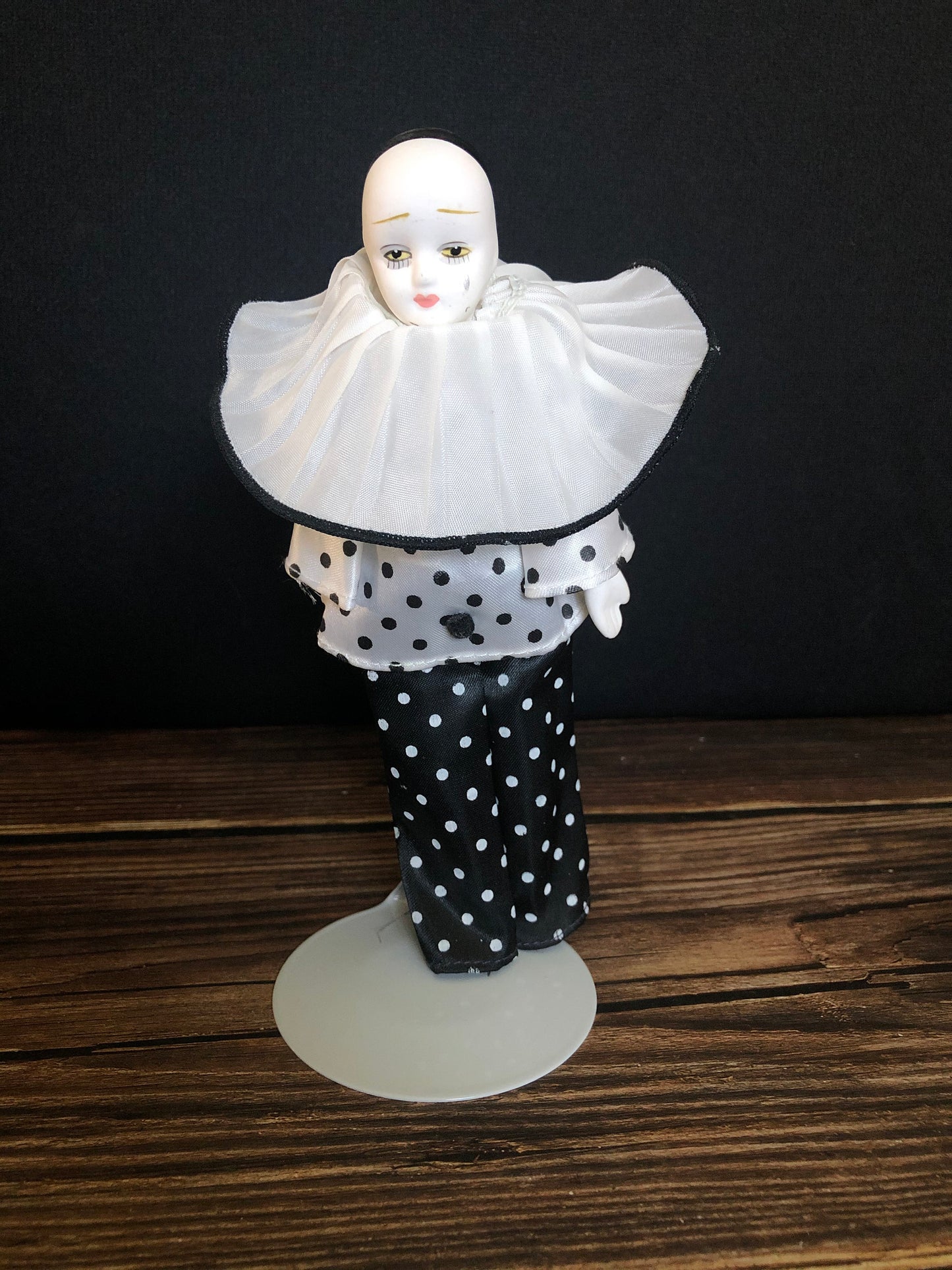 Vintage Porcelain Bisque Pierrot Mime Harlequin Crying Clown on Metal Doll Stand