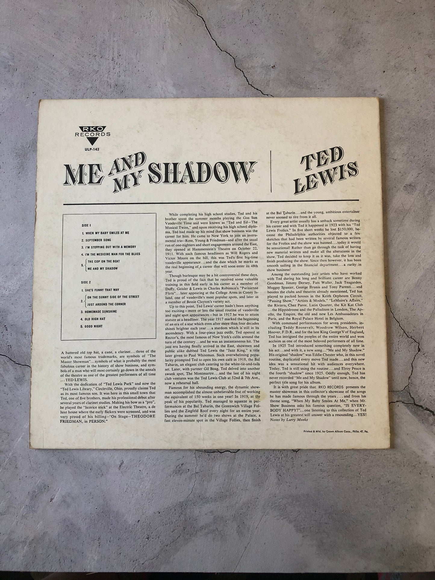 Vintage RKO Records Ted Lewis Me And My Shadow ULP-143 LP Vinyl Mono Album