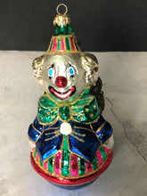 Load image into Gallery viewer, 1997 Vintage Poland Blown Glass and Mica Clown Ornament, Red Green Blue Pink and Silver Clown, Poland Blown Glass Clown

