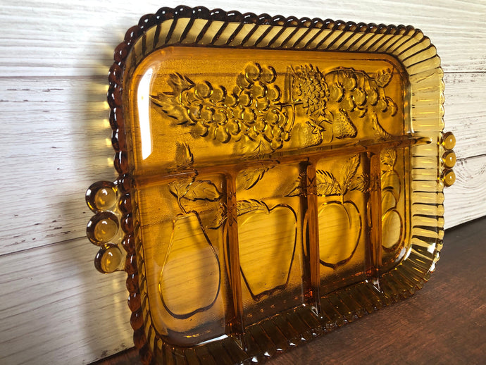 Fruits Amber Glass Relish Dish by Indiana Glass, 5 Part Relish Dish Serving Tray, Amber Glass with Embossed Fruit. Discontinued