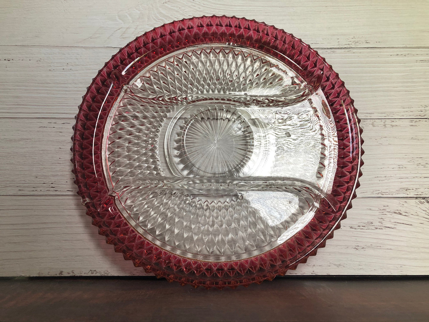 Indiana Glass Cranberry Red Flash Diamond Point Divided Dish Party Serving Tray, Pink and Clear Pickle Snack Relish Dish