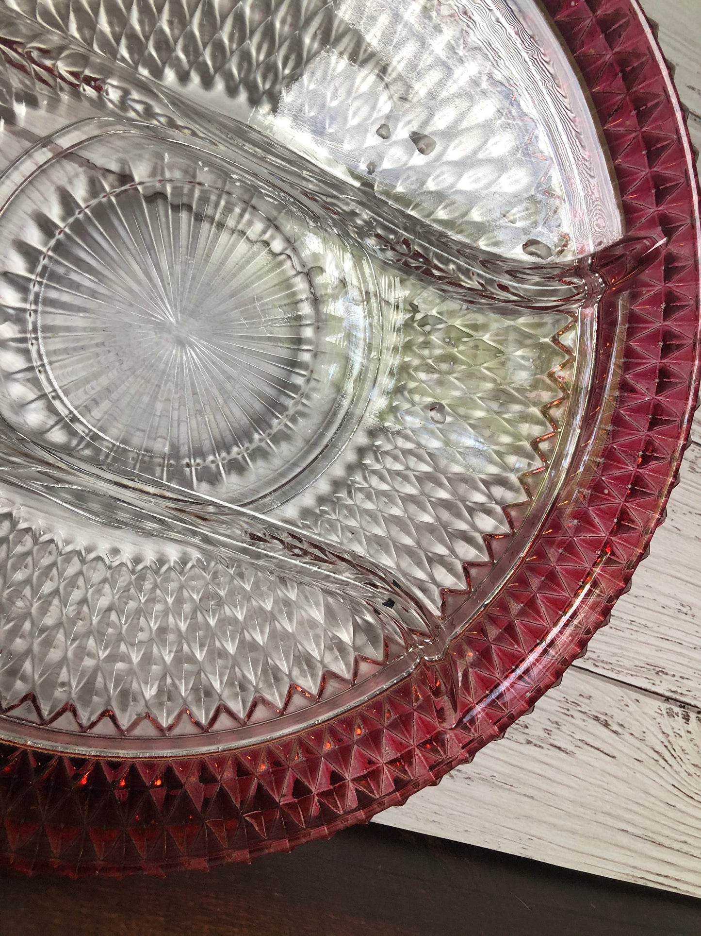 Indiana Glass Cranberry Red Flash Diamond Point Divided Dish Party Serving Tray, Pink and Clear Pickle Snack Relish Dish