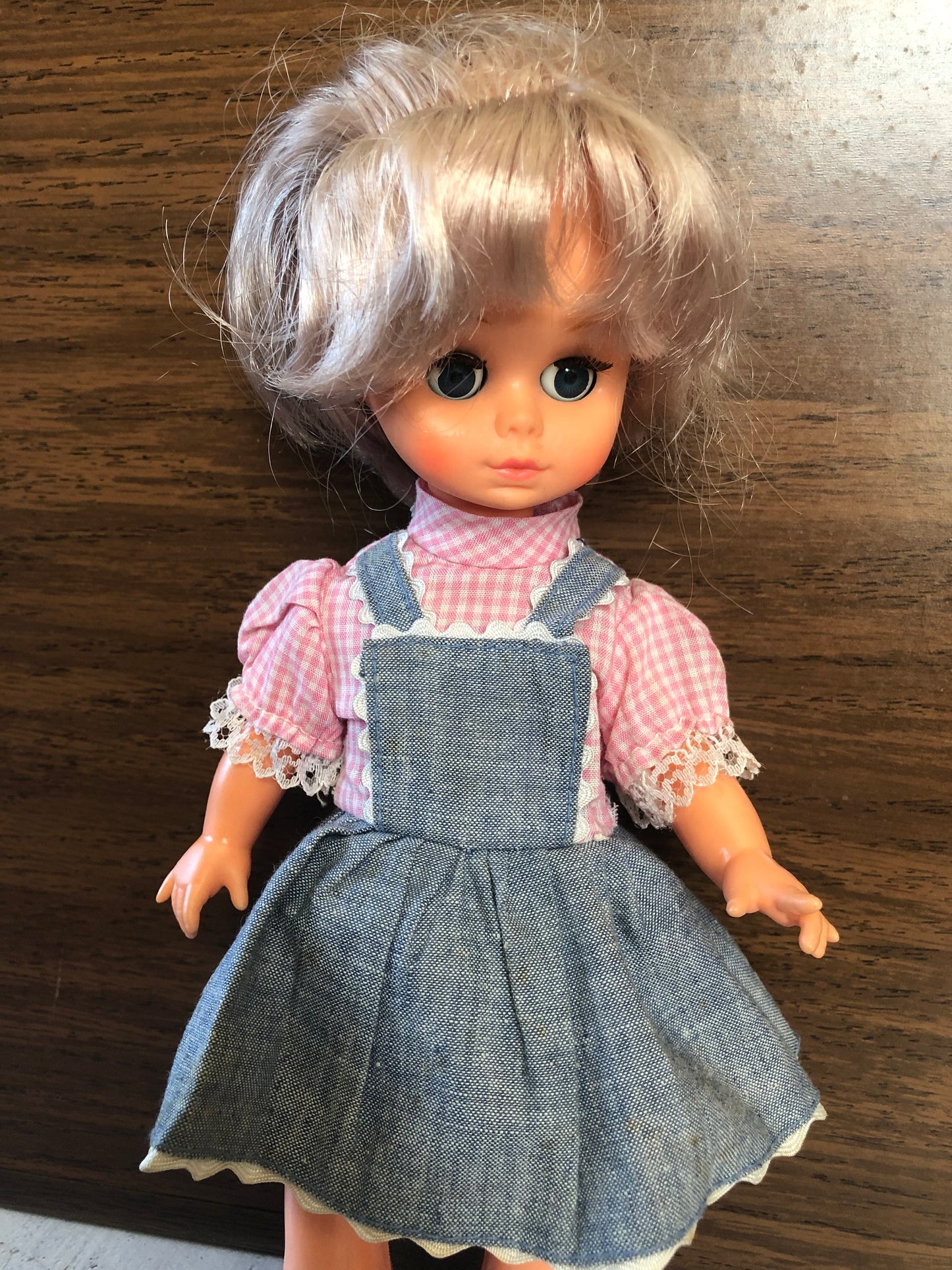 Vintage Playmates Precious Playmates Poseable Jointed Doll in Levi Dress and Pink Shirt, Vintage Collectible Playmates Doll #6123
