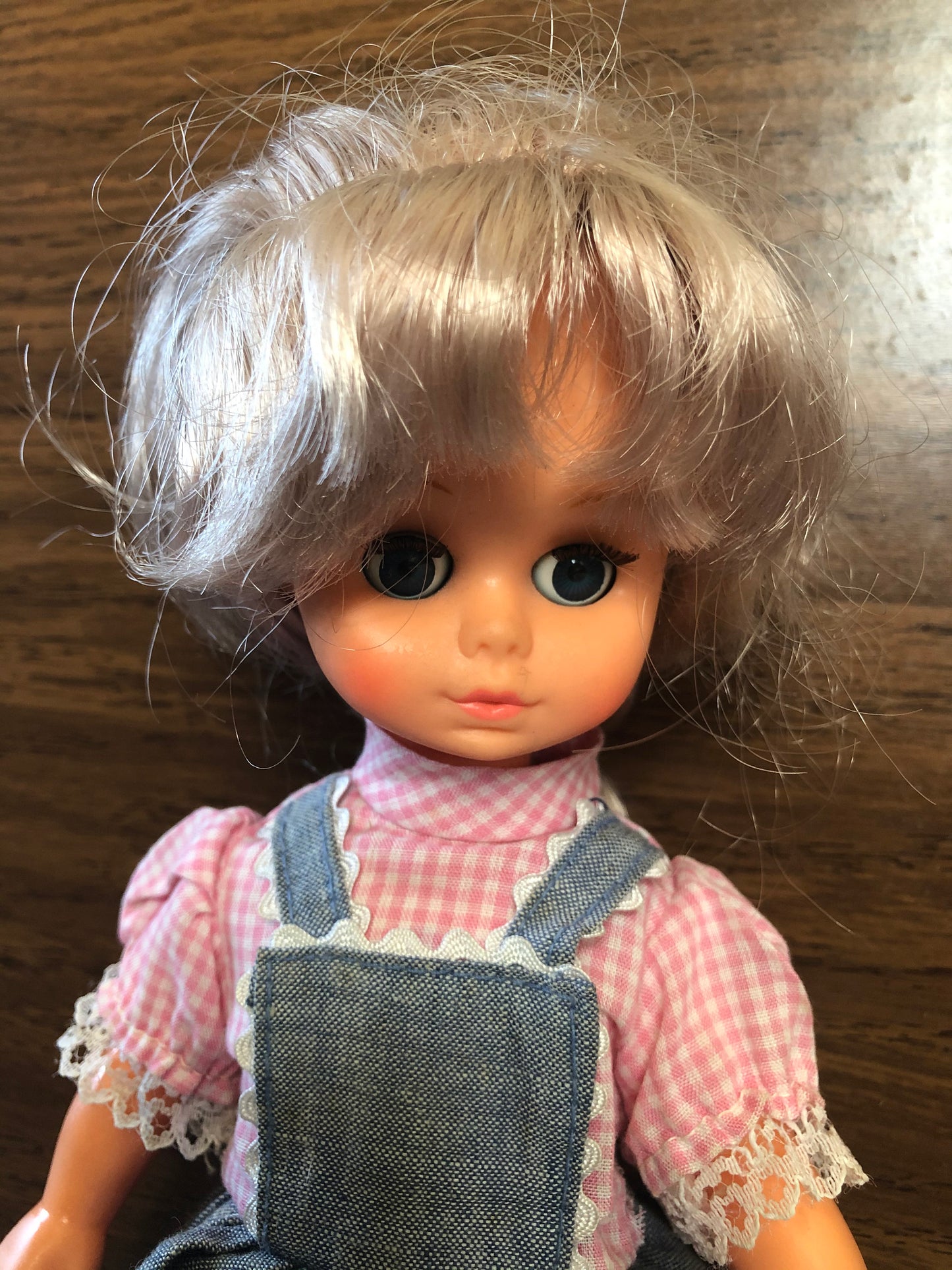 Vintage Playmates Precious Playmates Poseable Jointed Doll in Levi Dress and Pink Shirt, Vintage Collectible Playmates Doll #6123